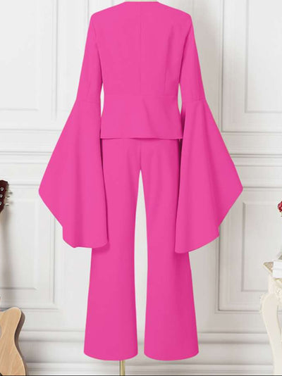 2-Piece Solid Color Pants Suit – Flare Sleeve V-Neck Top & Bell Bottom Trousers