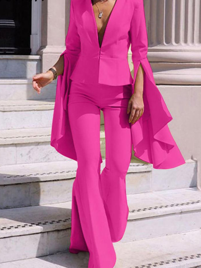 2-Piece Solid Color Pants Suit – Flare Sleeve V-Neck Top & Bell Bottom Trousers