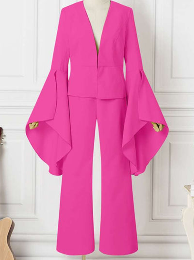 2-Piece Solid Color Pants Suit – Flare Sleeve V-Neck Top & Bell Bottom Trousers