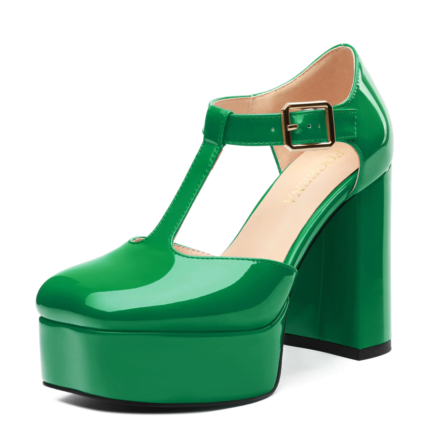 Green platform shoe with a buckle on a white background