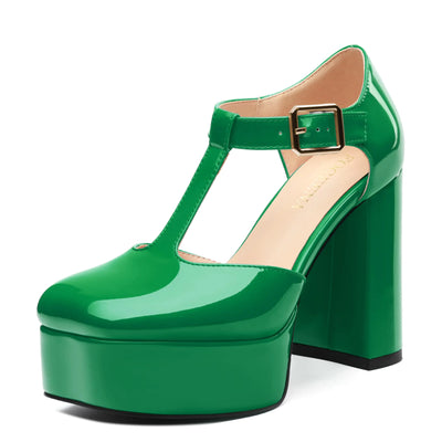 Green platform shoe with a buckle on a white background