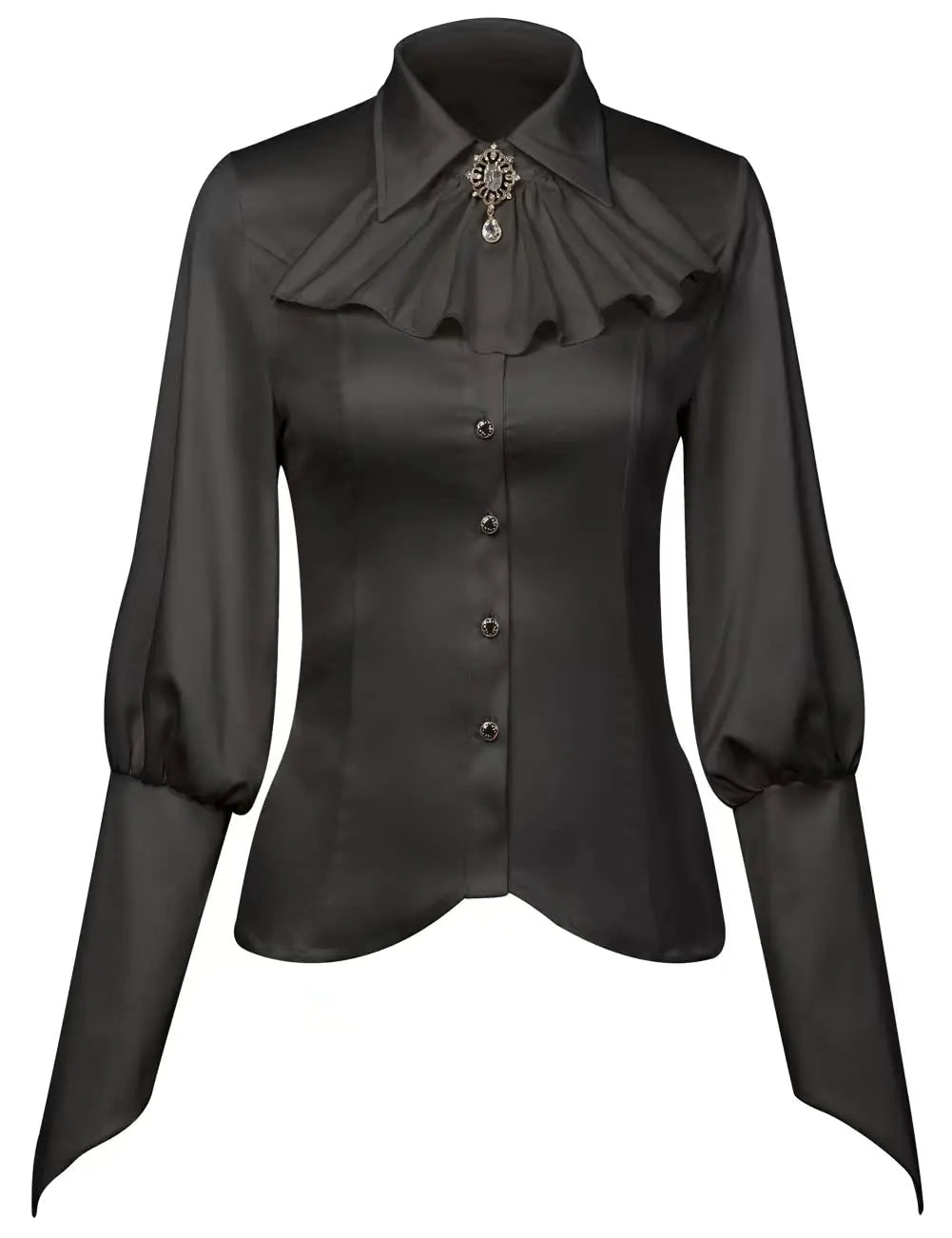 Black satin blouse with ruffled collar on a white background