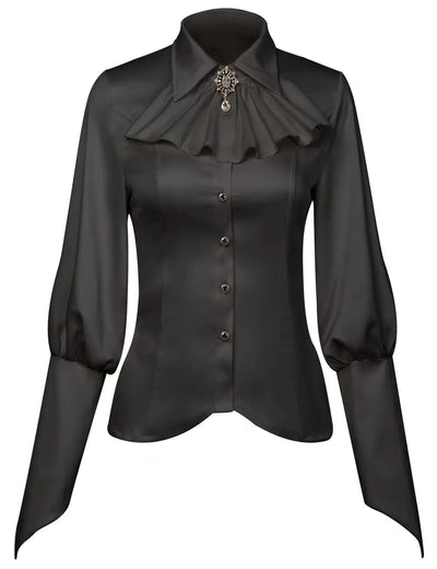 Black satin blouse with ruffled collar on a white background