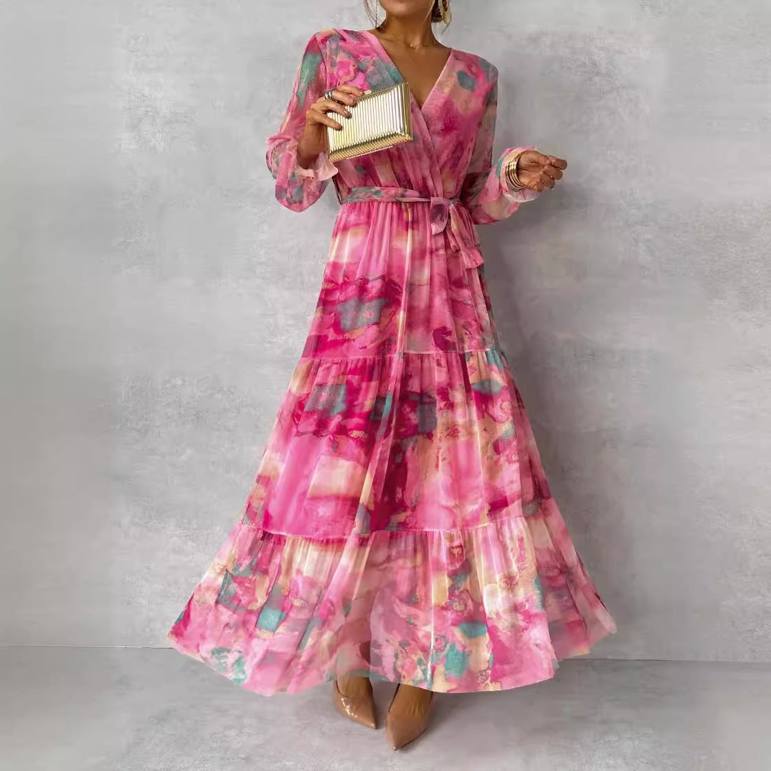 Elegant Floral V-Neck Maxi Dress for Women – Long Sleeve High-Waisted Pleated Chiffon Swing Dress