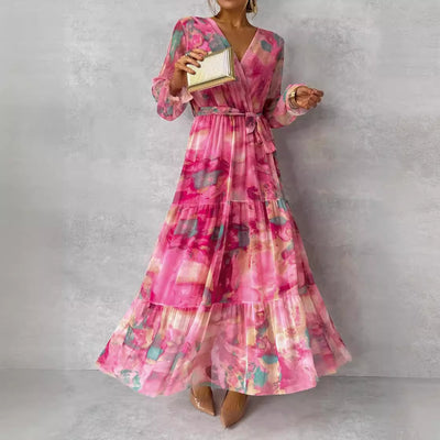 Elegant Floral V-Neck Maxi Dress for Women – Long Sleeve High-Waisted Pleated Chiffon Swing Dress