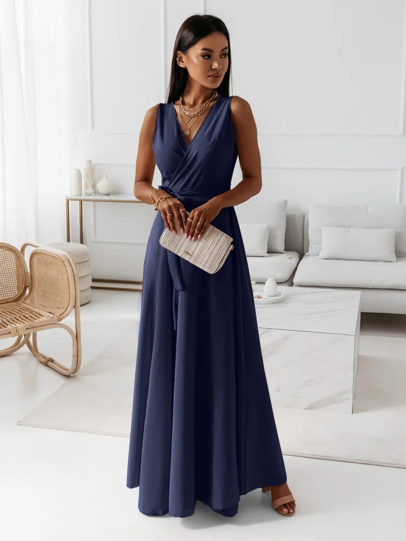 Women’s V-Neck Sleeveless Maxi Dress with Belt – Summer Fashion Evening Party & Club Dress