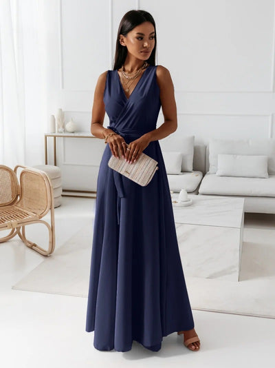 Women’s V-Neck Sleeveless Maxi Dress with Belt – Summer Fashion Evening Party & Club Dress