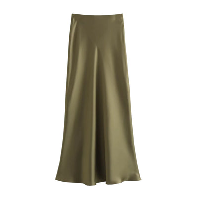 Elegant Satin Pleated Midi Skirt