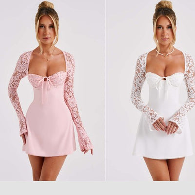 Sexy Lace Corset Backless Dress – Women’s Long Sleeve Short Lace-Up Party Dress