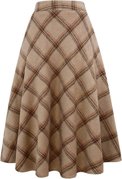 Womens Plaid Wool Skirts Elastic Waist A-Line Pleated Tartan Long Skirts