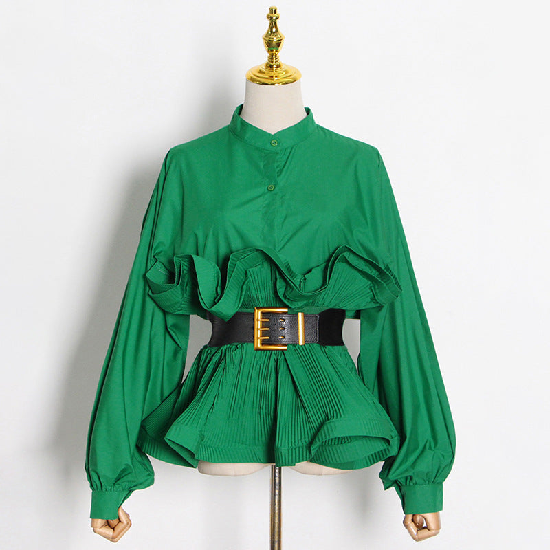Elegant Irregular Waist Lace Pleated Blouse for Women – Solid Color Belted Top with Buckle Detail