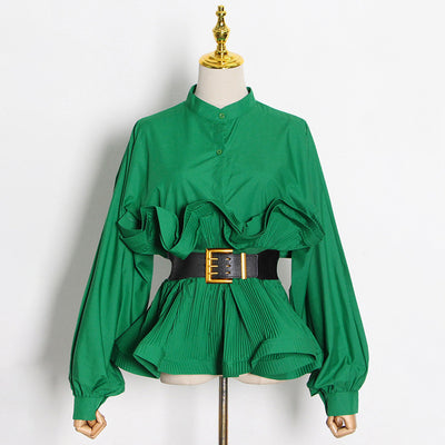 Elegant Irregular Waist Lace Pleated Blouse for Women – Solid Color Belted Top with Buckle Detail