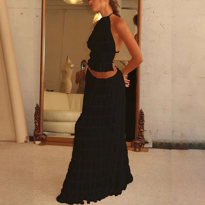 2-Piece Women’s Halter Top & Pleated Skirt Set – Sexy Sleeveless Backless Crop Top Beach Outfit