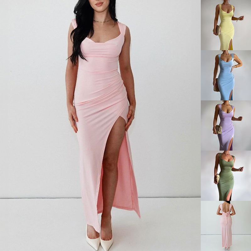 Slim Sleeveless Slit Midi Dress – Women’s Elegant Back Tie Bodycon Dress for Summer Fashion