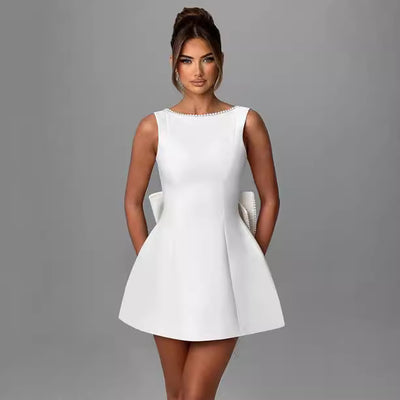 Women’s Summer Backless A-Line Dress – Sleeveless Slim Fit Party Dress with Pearl Straps & Statement Bow