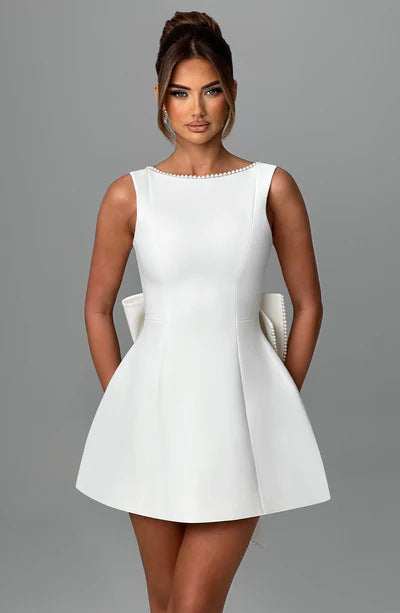 Women’s Summer Backless A-Line Dress – Sleeveless Slim Fit Party Dress with Pearl Straps & Statement Bow