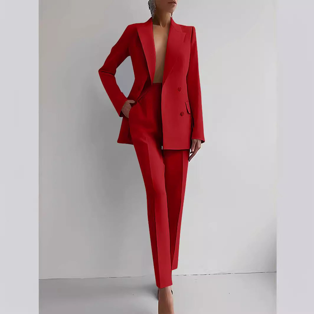Women’s Casual Business Suit Set – Long Sleeve Single-Breasted Blazer Jacket & Slim Fit Trousers