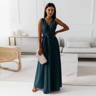 Women’s V-Neck Sleeveless Maxi Dress with Belt – Summer Fashion Evening Party & Club Dress