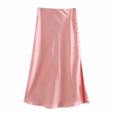 Ladies Buttoned Slit Satin Skirt