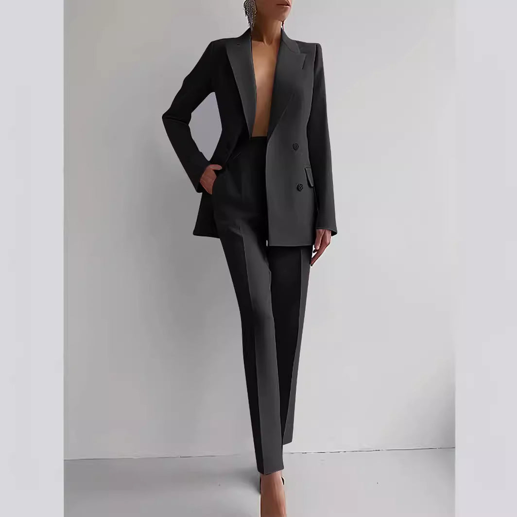 Women’s Casual Business Suit Set – Long Sleeve Single-Breasted Blazer Jacket & Slim Fit Trousers