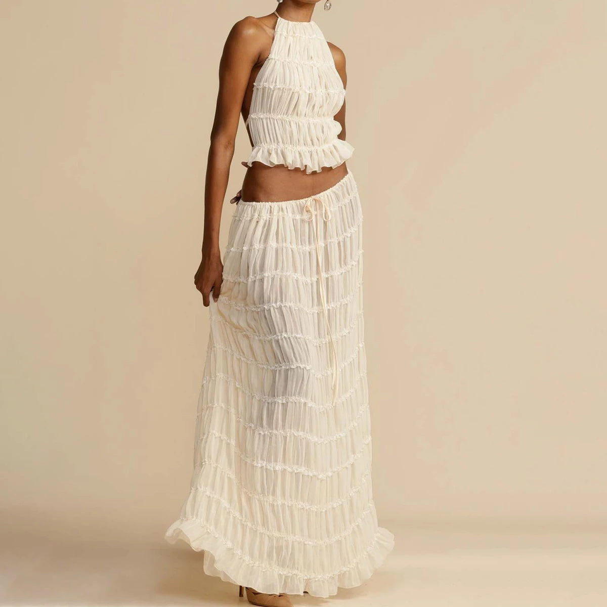 2-Piece Women’s Halter Top & Pleated Skirt Set – Sexy Sleeveless Backless Crop Top Beach Outfit