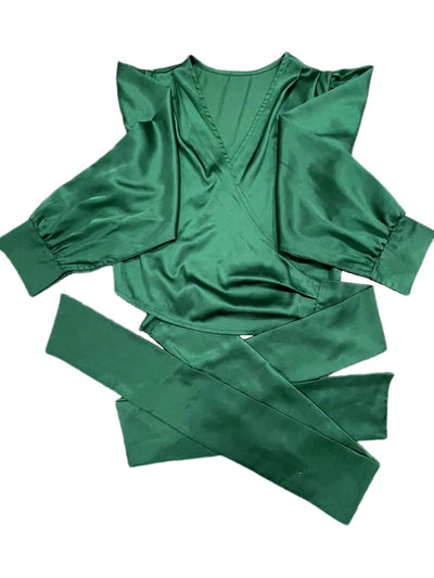 Women’s Satin Lace-Up Blouse – Silk-Like Long Sleeve Cross-Tie Shirt for Elegant Day & Evening Wear