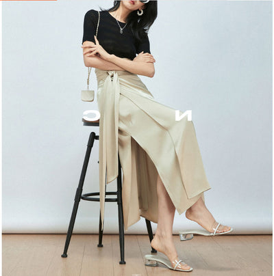 Double-Sided Satin Tie-Up Skirt for Women – Full Arch Hem with One-Piece Needle Detail