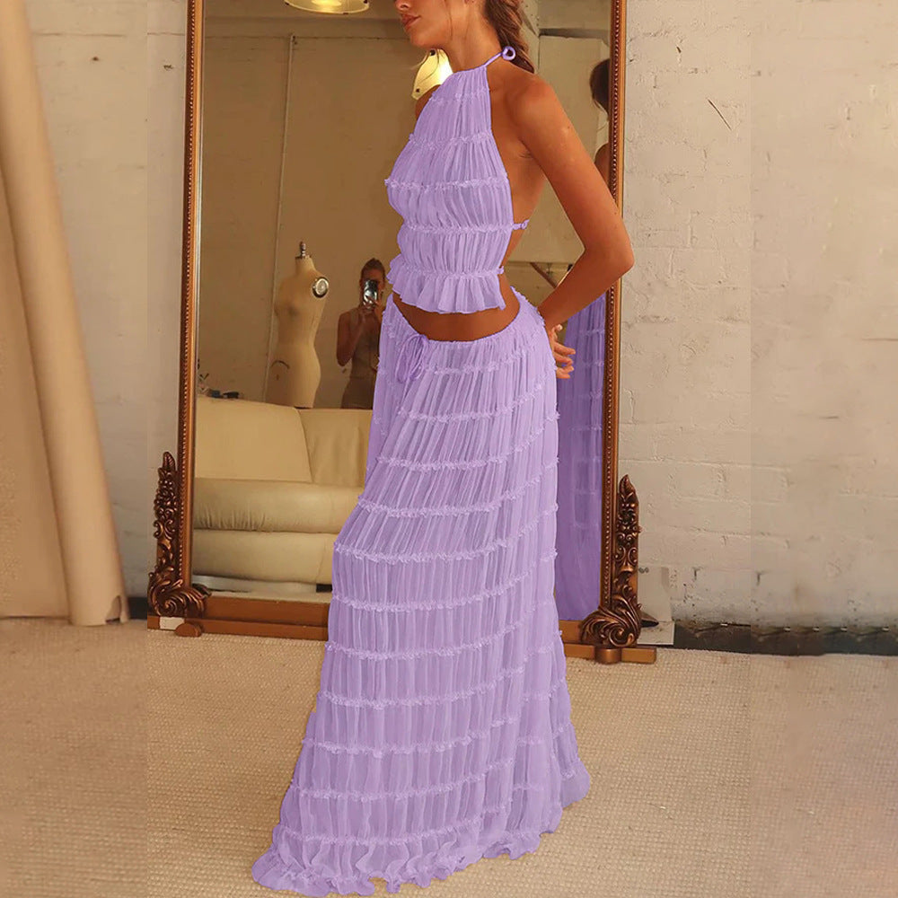 2-Piece Women’s Halter Top & Pleated Skirt Set – Sexy Sleeveless Backless Crop Top Beach Outfit