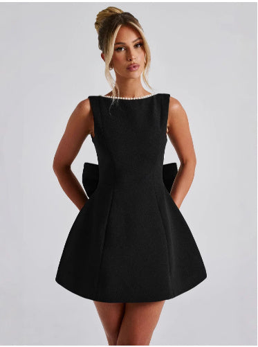 Women’s Summer Backless A-Line Dress – Sleeveless Slim Fit Party Dress with Pearl Straps & Statement Bow