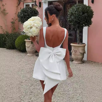 Women’s Summer Backless A-Line Dress – Sleeveless Slim Fit Party Dress with Pearl Straps & Statement Bow