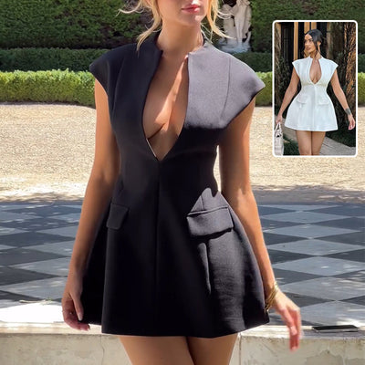 Sexy Deep V-Neck A-Line Mini Dress – Women’s Summer French Style Slim Fit Short Cardigan Dress