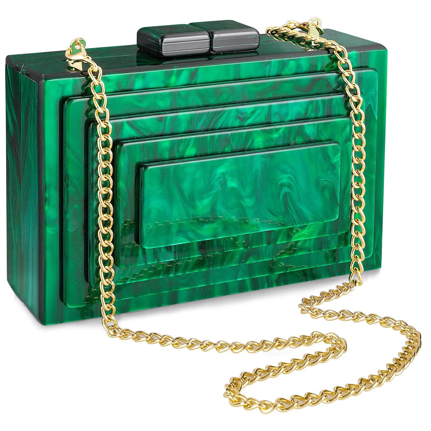 Green clutch bag with gold chain strap on a white background