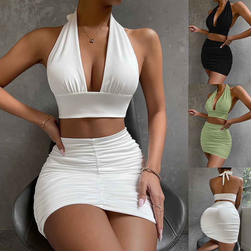 2-Piece Halter Lace-Up Top and Pleated Skirt Set – Women’s Fashion Dress Suit for Chic Streetwear & Night Out