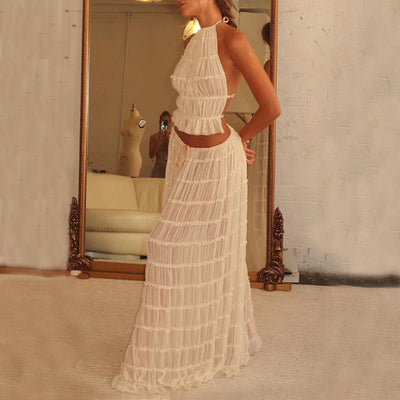 2-Piece Women’s Halter Top & Pleated Skirt Set – Sexy Sleeveless Backless Crop Top Beach Outfit