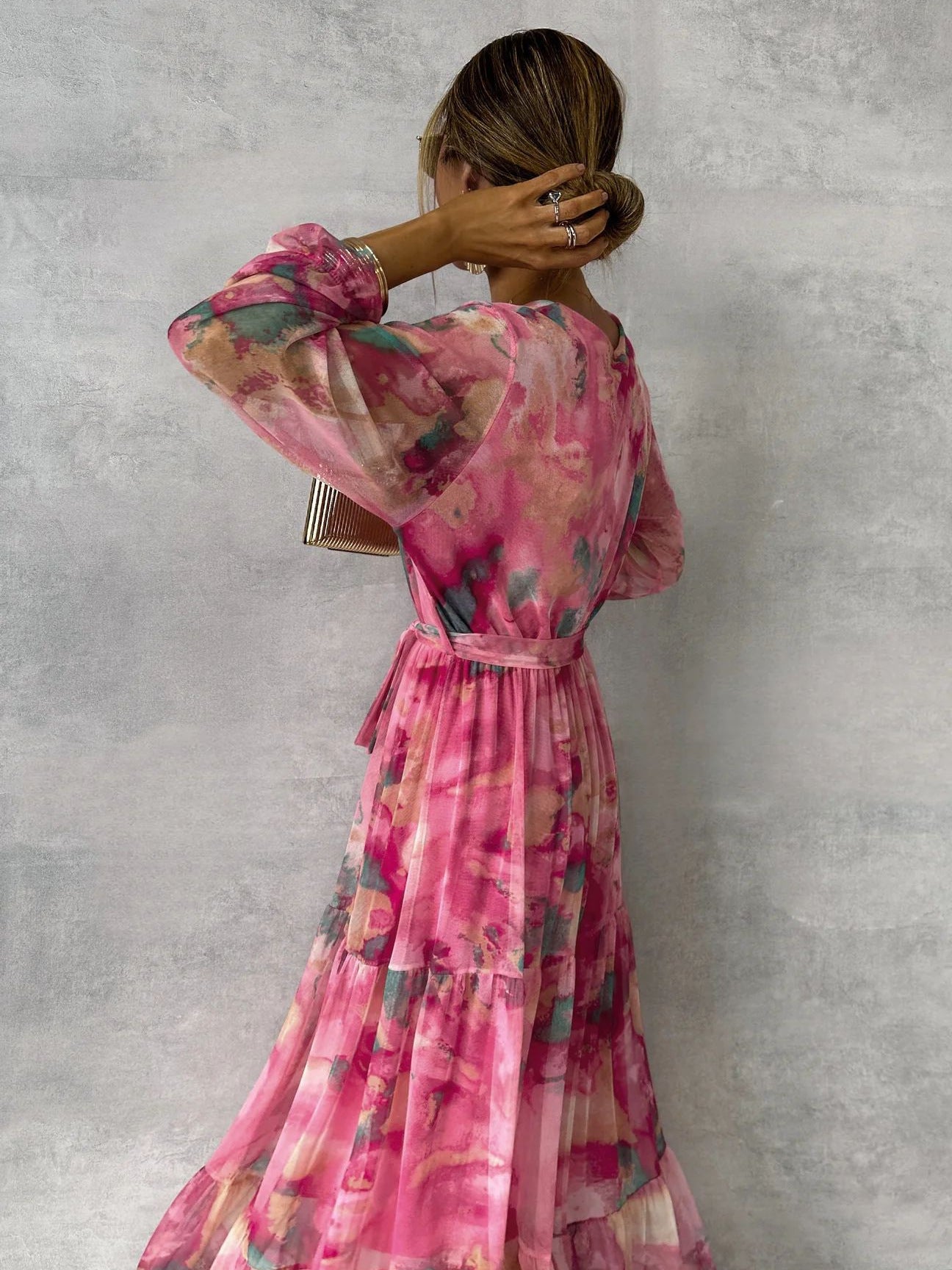 Elegant Floral V-Neck Maxi Dress for Women – Long Sleeve High-Waisted Pleated Chiffon Swing Dress