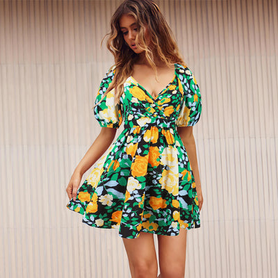 Floral Print V-Neck Mini Dress – Women’s Lantern Sleeve Summer Beach Vacation Dress