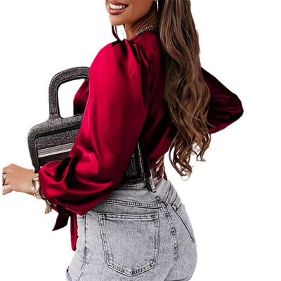 Women’s Satin Lace-Up Blouse – Silk-Like Long Sleeve Cross-Tie Shirt for Elegant Day & Evening Wear
