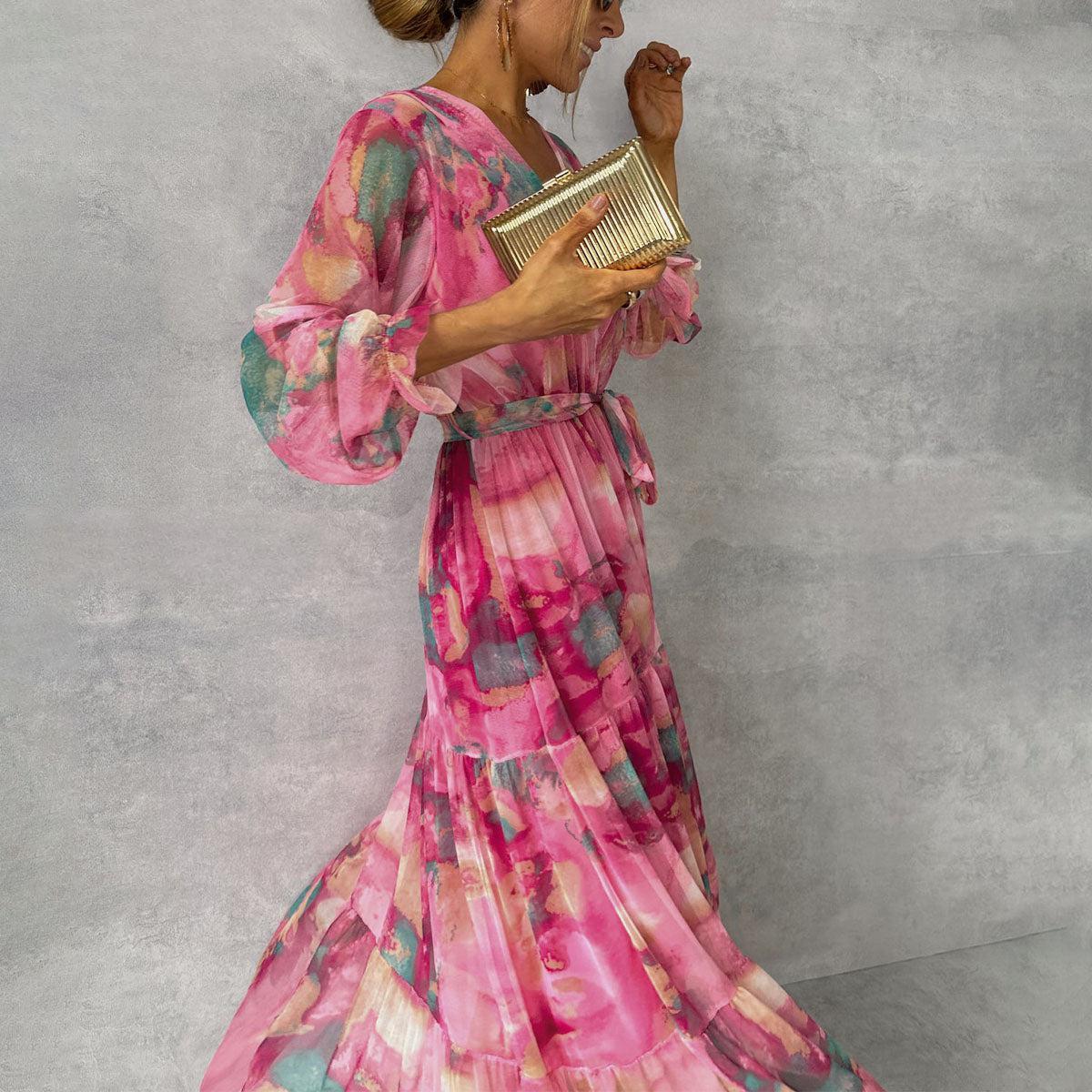 Elegant Floral V-Neck Maxi Dress for Women – Long Sleeve High-Waisted Pleated Chiffon Swing Dress