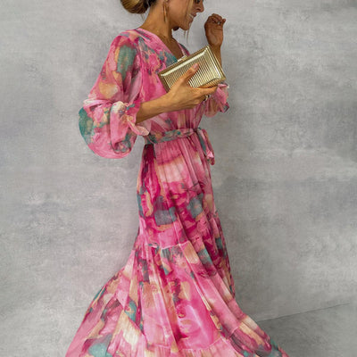 Elegant Floral V-Neck Maxi Dress for Women – Long Sleeve High-Waisted Pleated Chiffon Swing Dress
