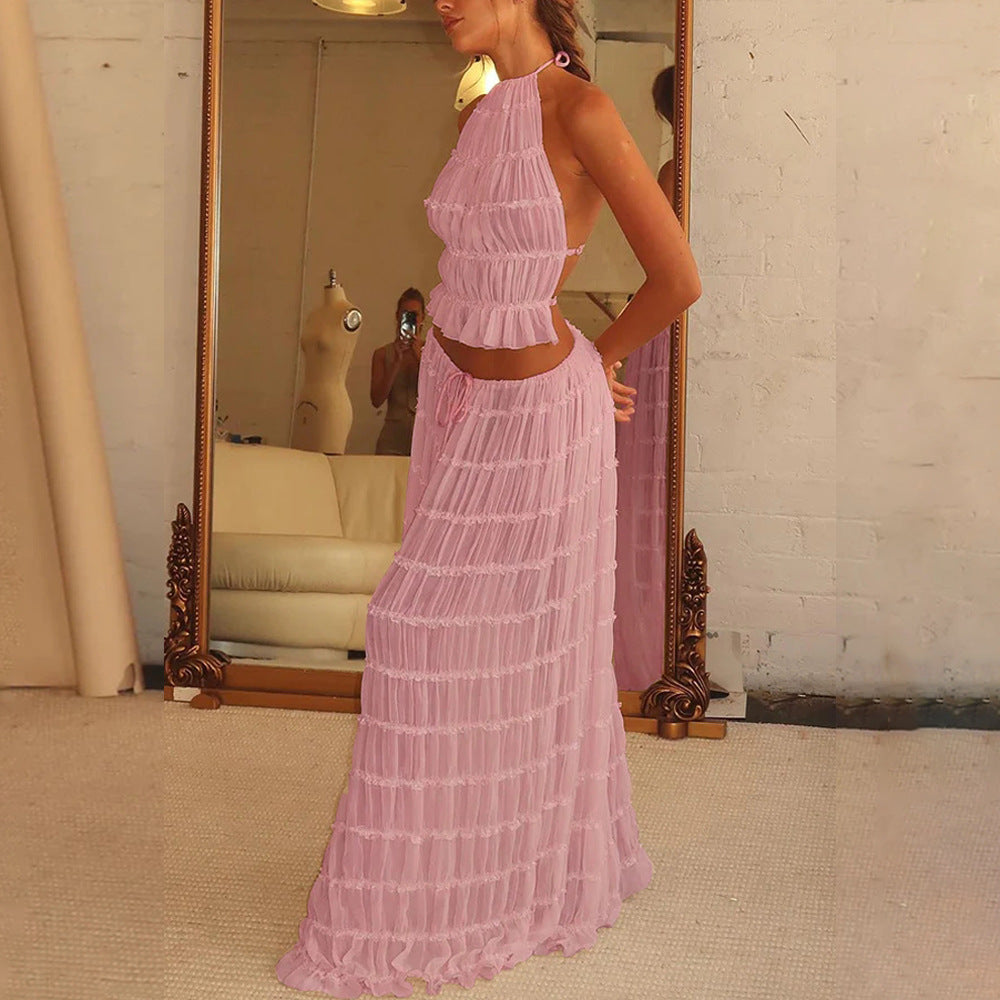 2-Piece Women’s Halter Top & Pleated Skirt Set – Sexy Sleeveless Backless Crop Top Beach Outfit