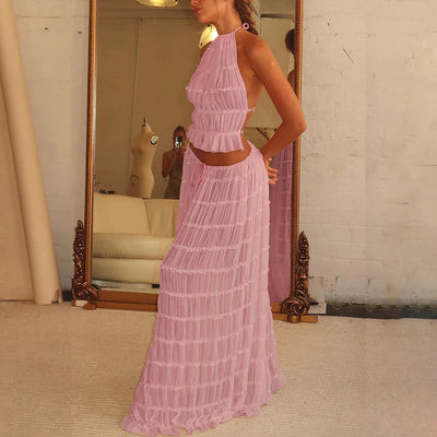 2-Piece Women’s Halter Top & Pleated Skirt Set – Sexy Sleeveless Backless Crop Top Beach Outfit