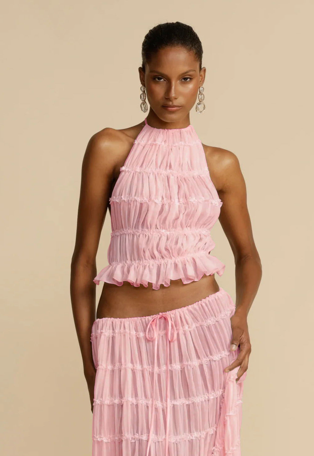 2-Piece Women’s Halter Top & Pleated Skirt Set – Sexy Sleeveless Backless Crop Top Beach Outfit