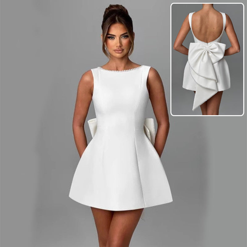 Women’s Summer Backless A-Line Dress – Sleeveless Slim Fit Party Dress with Pearl Straps & Statement Bow