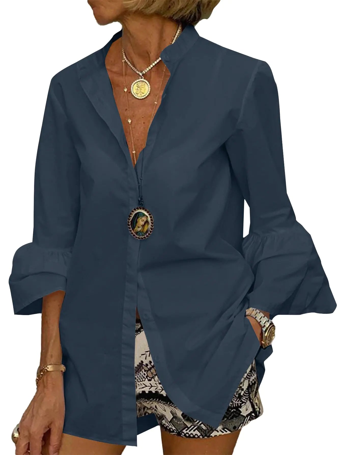 Elegant Flare Sleeve Button-Up Blouse - Dark Blue