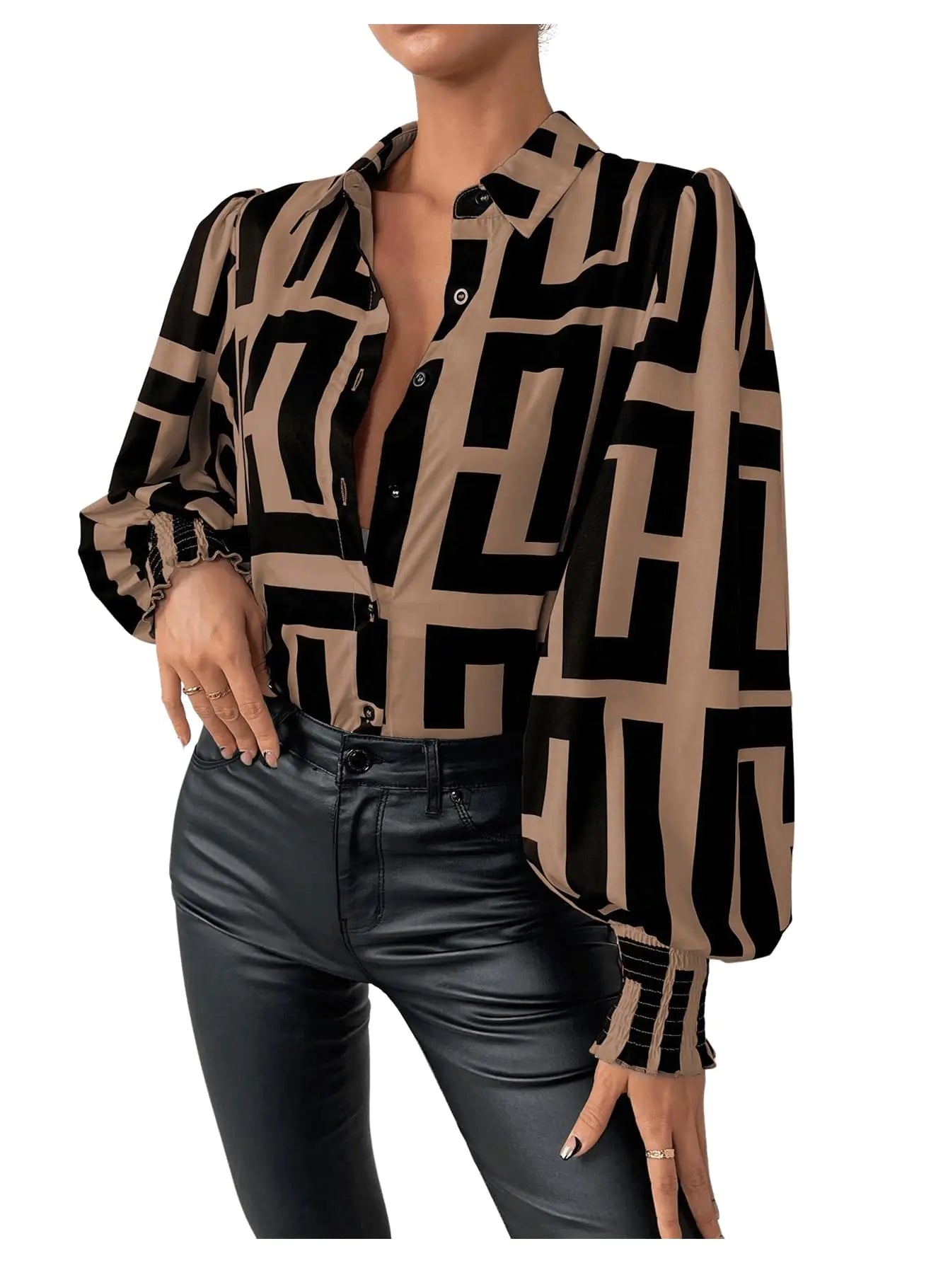 Lantern Sleeve Button-Up Blouse - Khaki