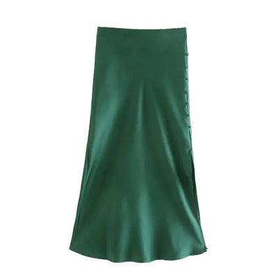 Ladies Buttoned Slit Satin Skirt