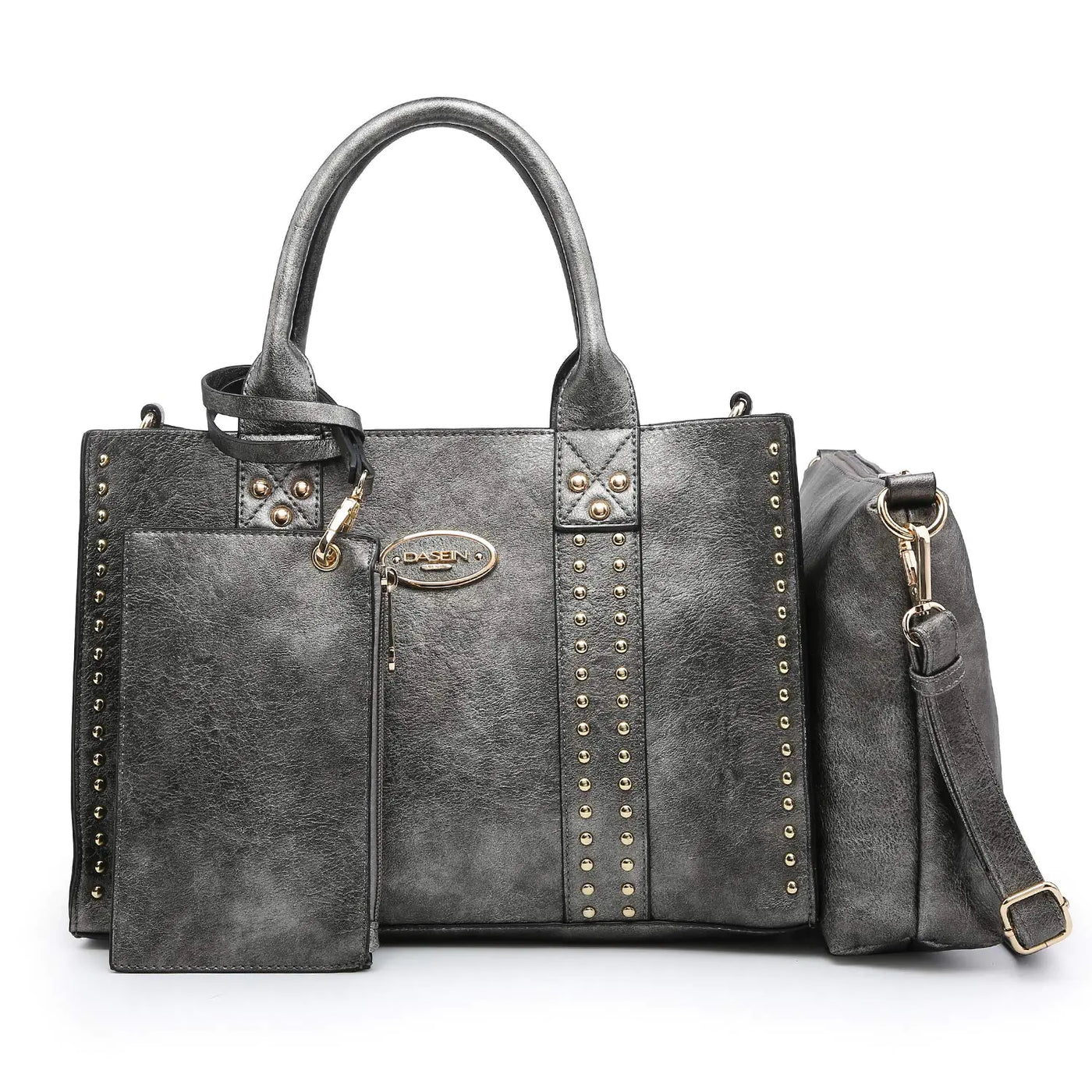Gray handbag with studded details on a white background