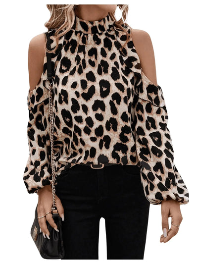 Khaki Leopard Print Cold-Shoulder Blouse
