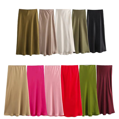 Elegant Satin Pleated Midi Skirt