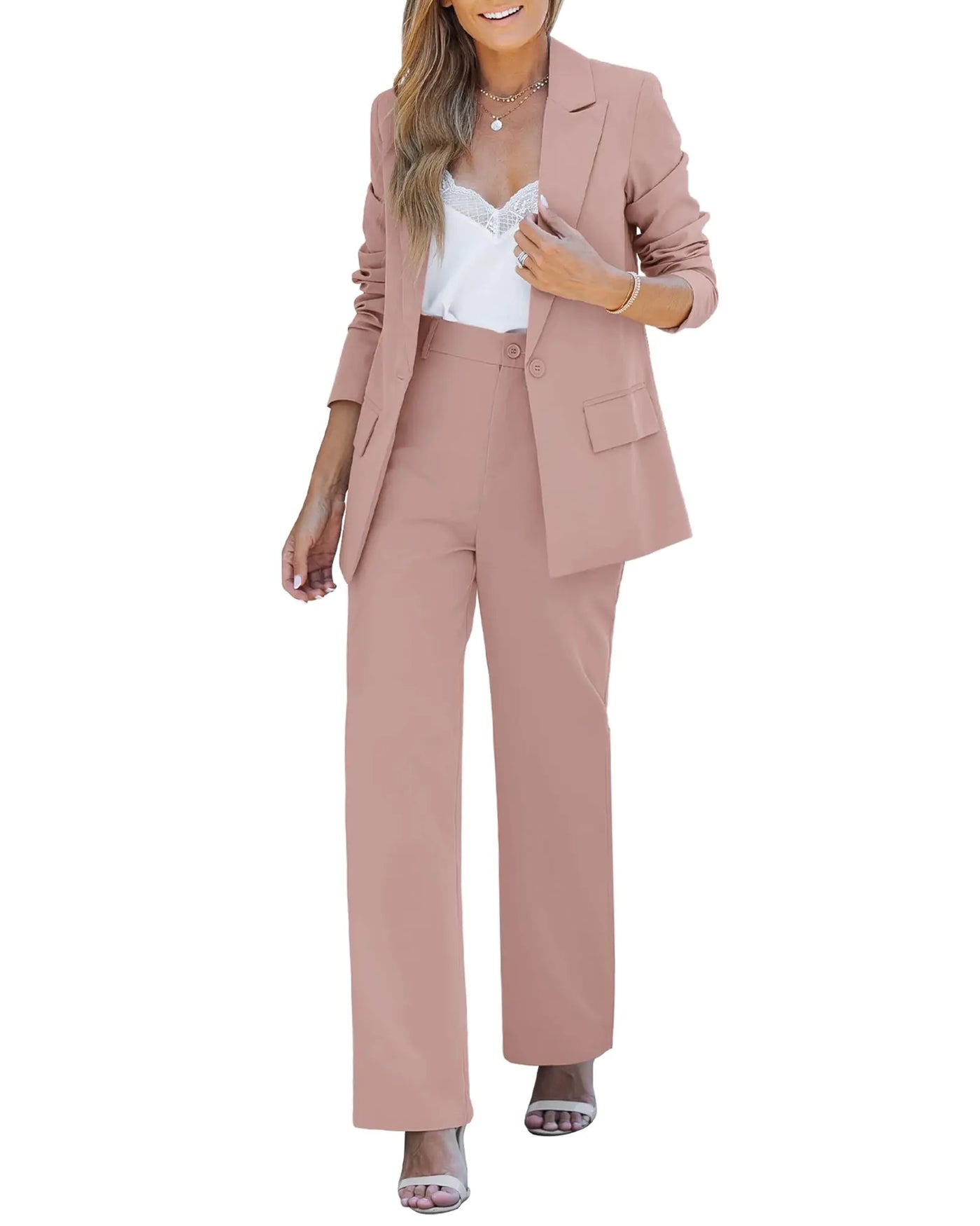 Misty Rose Elegance Suit Set: Blazer & High Waist Pants